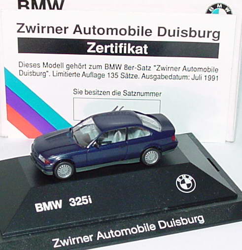 Foto 1:87 BMW 325i Coupé (E36) blau-met. Zwirner Automobile Duisburg, mit Zertifikat Werbemodell herpa