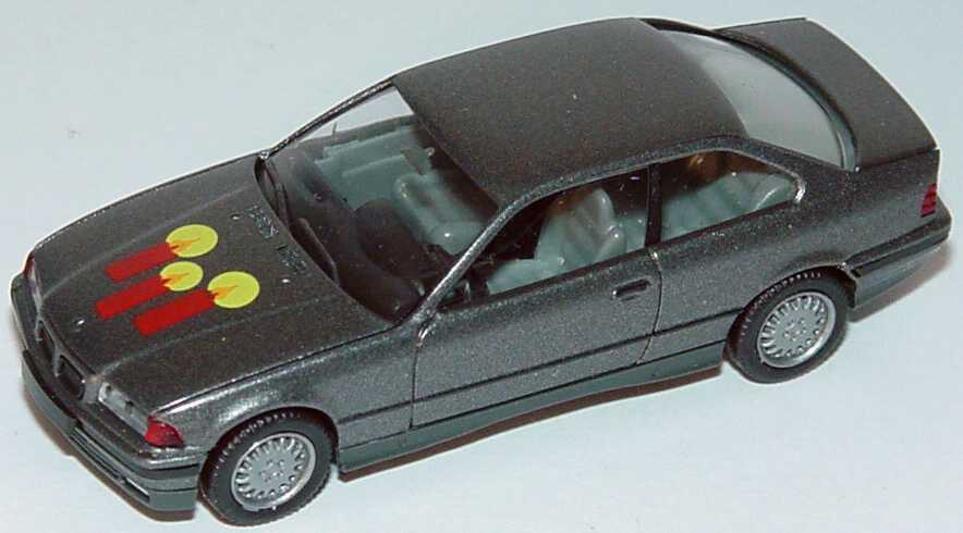 Foto 1:87 BMW 325i Coupé (E36) grau-met. 3. Advent mit Kerzenmotiv auf der Haube herpa 168946