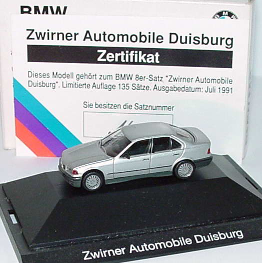 Foto 1:87 BMW 325i (E36) silber-met. Zwirner Automobile Duisburg, mit Zertifikat Werbemodell herpa