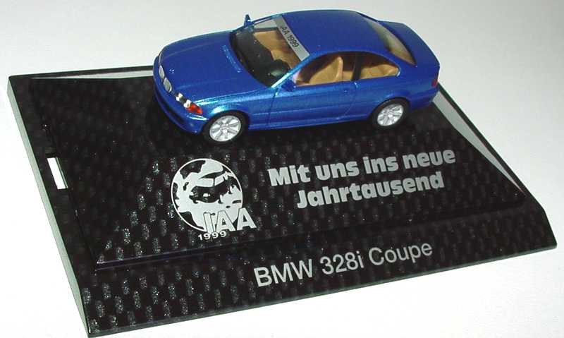 Foto 1:87 BMW 328i Coupé (E46) blau-met. Behle IAA 1999 - Mit uns ins neue Jahrtausend herpa