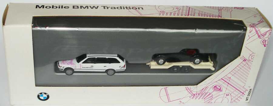 Foto 1:87 BMW 525i touring Mobile BMW Tradition mit Autotransportanhänger und BMW 328 Roadster schwarz Werbemodell herpa