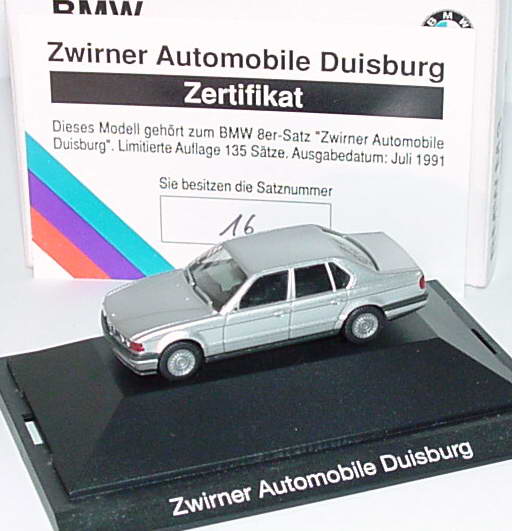 Foto 1:87 BMW 735i (E32) silber-met. Zwirner Automobile Duisburg, mit Zertifikat Werbemodell herpa