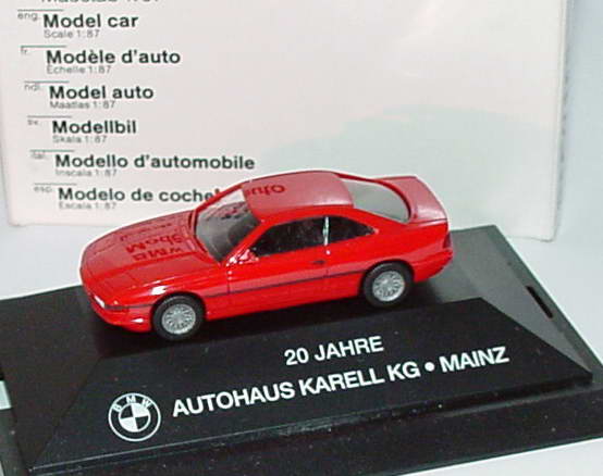 Foto 1:87 BMW 850i rot 20 Jahre Autohaus Karell KG Mainz Werbemodell herpa