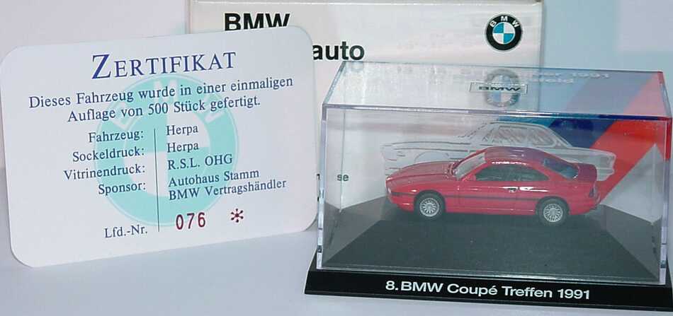 Foto 1:87 BMW 850i rot 8. BMW Coupé Treffen 1991 in Bad Hersfeld Werbemodell mit Zertifikat herpa