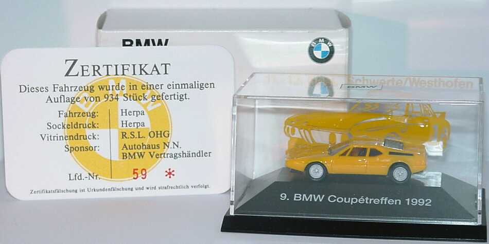 Foto 1:87 BMW M1 gelb 9. BMW Coupétreffen 1992 Schwerte/Westhofen Werbemodell mit Zertifikat herpa