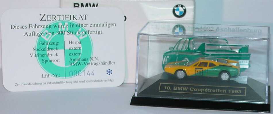Foto 1:87 BMW M1 gelb/grün Nr.10 10. BMW Coupétreffen 1993 Aschaffenburg Werbemodell mit Zertifikat herpa