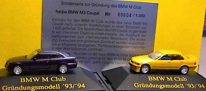 Foto 1:87 BMW M Club Gründungsmodell ´93/´94 (BMW M3 Coupé (E36) daytonaviolett-met. + Alpina B3 3.0 ferrarigelb mit silbernem Zertifikat) herpa