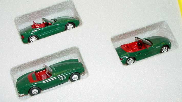 Foto 1:87 BMW Roadster 1936 - 1996  (328 Wiking, 507 Wiking, Z1 Herpa, Z3 Herpa, alle in dunkelgrün mit roter IA) 80419421051