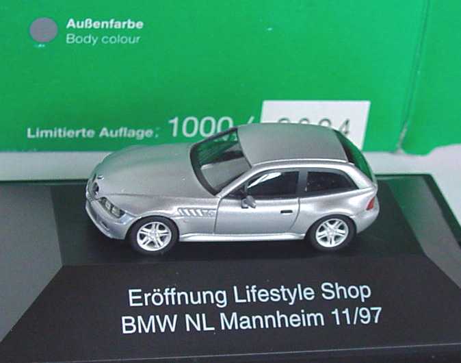 Foto 1:87 BMW Z3 Coupé 2.8 silber-met. Eröffnung Lifestyle Shop BMW NL Mannheim 11/97 herpa