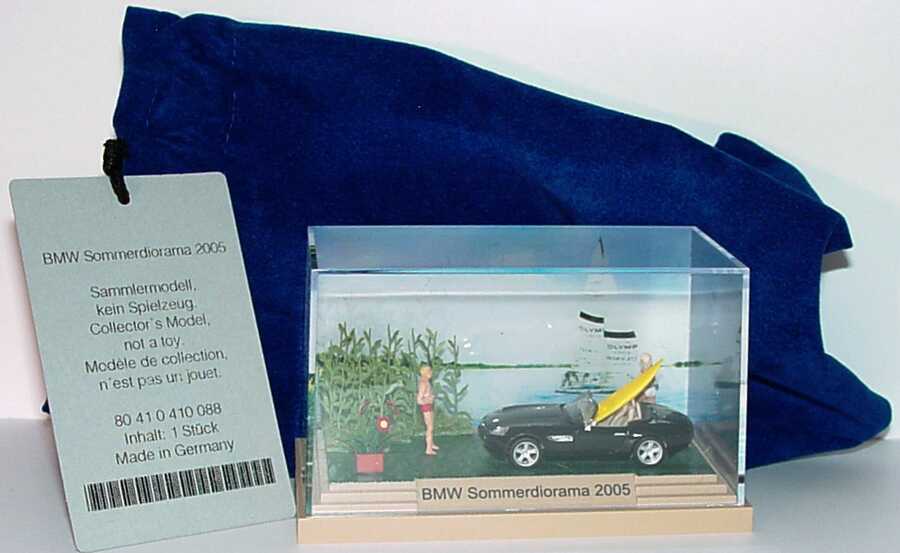 Foto 1:87 BMW Z8 schwarz mit Surfbrett Summertime Diorama Werbemodell in blauem Samtsäckchen herpa 80410410088