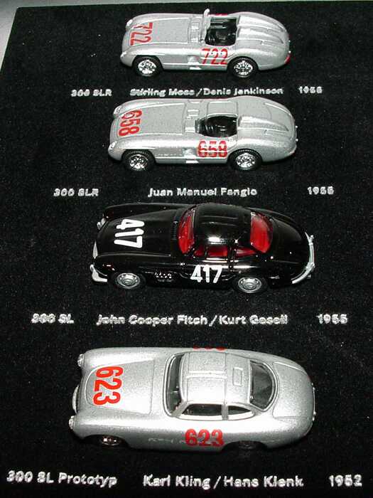 Foto 1:87 Bitburger Mercedes-Benz Oldtimer-Set-Packung 1952 + 1955 Mille-Miglia, Brescia quattro (300SL Prototyp, 300SL Gullwing, 300SLR, 300SLR zweisitzig) Grell Werbemittel