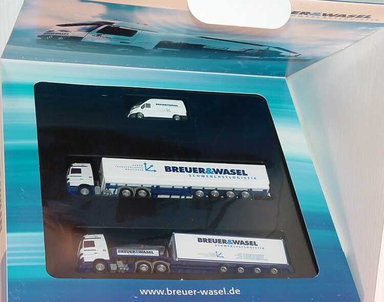 Foto 1:87 Breuer & Wasel Schwerlastlogistik in motion - Limited Edition 700 (Ford Transit 2000 Kasten + MB Actros PPSzg 3/4 + MB Actros TiefladeSzg 3/4)