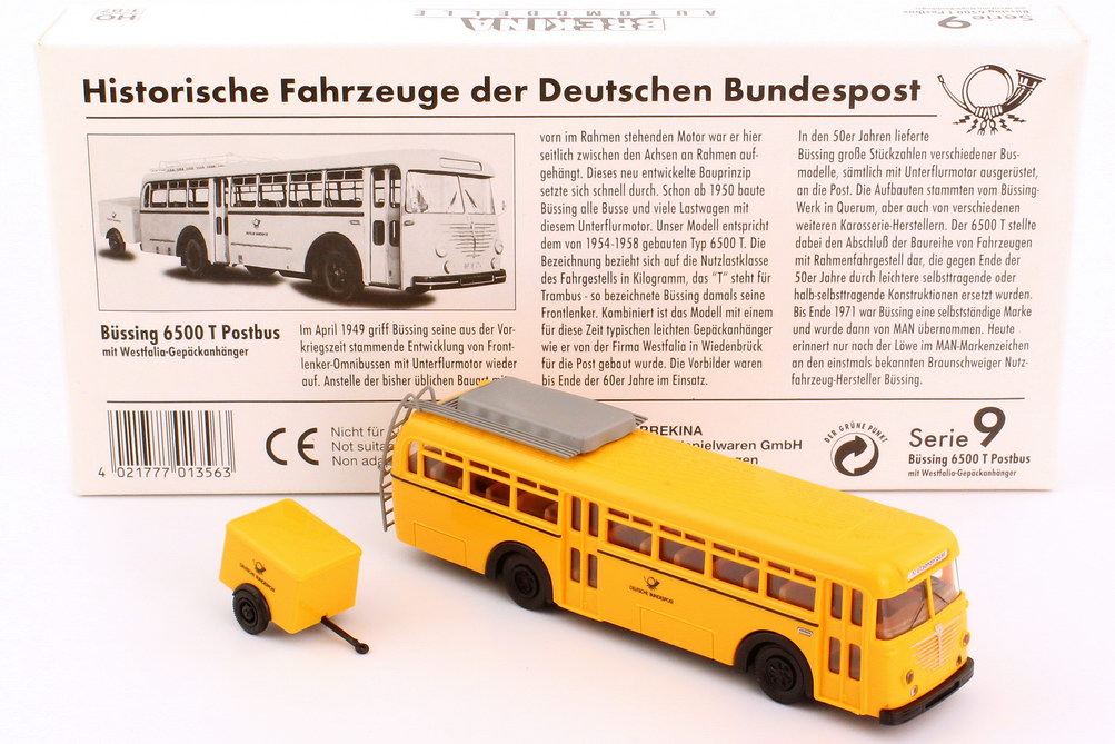 Foto 1:87 Büssing 6500 T Postbus mit Westfalia Gepäckanhänger Deutsche Bundespost (Post-Serie 9) Brekina