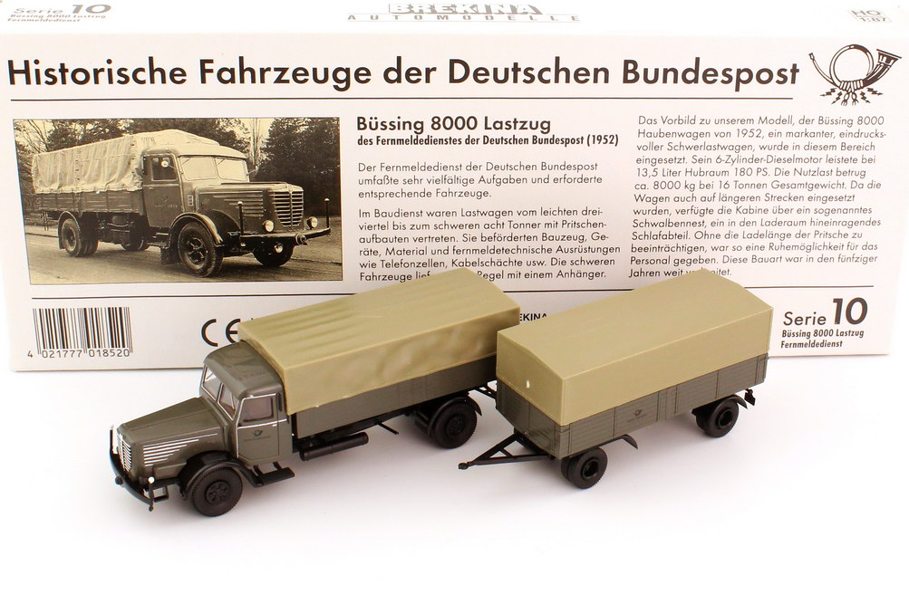 Foto 1:87 Büssing 8000 Pritsche-Plane-Hängerzug Deutsche Bundespost Fernmeldedienst grau Post Serie 10 - Brekina