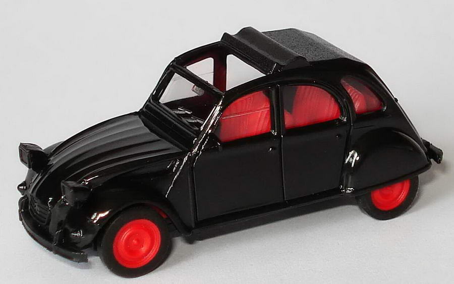 Foto 1:87 Citroen 2 CV 6  Rolldach offen schwarz, IA und Felgen rot herpa 2026/186674