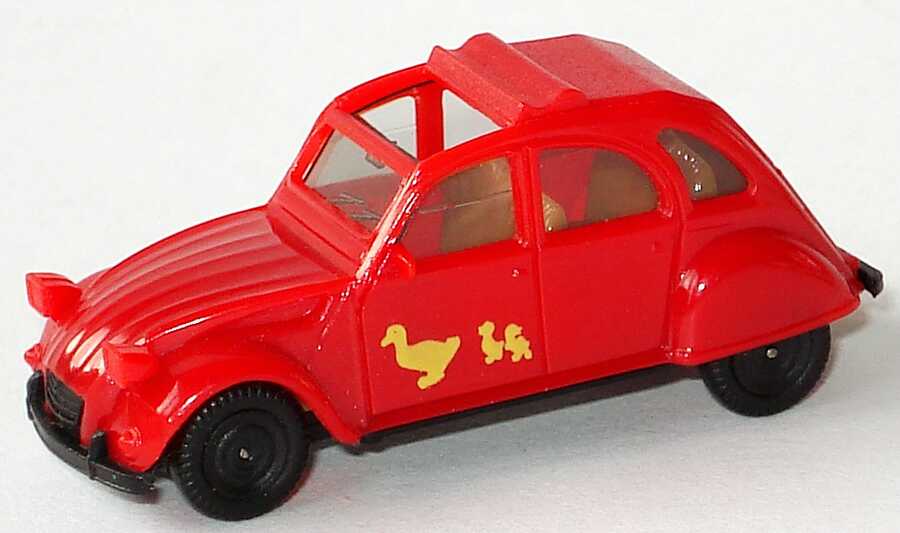 Foto 1:87 Citroen 2 CV 6 Rolldach rot Motiv Entenfamilie herpa 3026