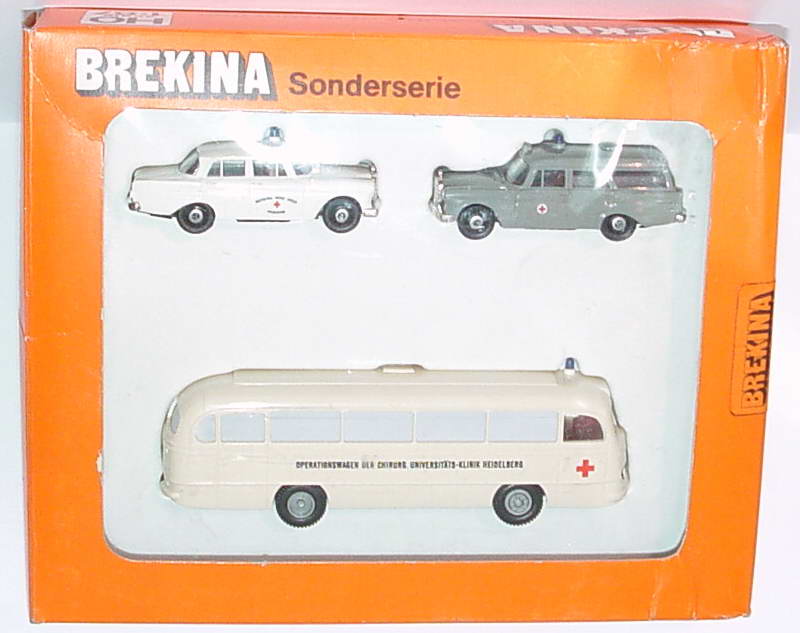 Foto 1:87 DRK Einsatzfahrzeuge (Mercedes 190c DRK Präsidium + 190c Kombi Rotes Kreuz grau + Bus O 321 Operationswagen der chirurg. Universitäts-Klinik Heidelberg) Brekina S9006
