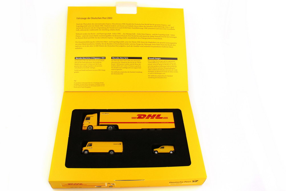 Foto 1:87 Deutsche Post Setpackung Fahrzeuge der Deutschen Post 2003 (Mercedes Actros MP3 Sattelzug + Mercedes T2 Vario + Renault Kangoo) herpa 006270