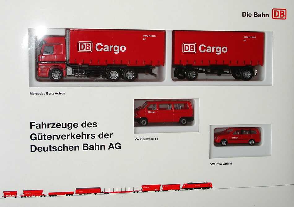 Foto 1:87 Die Bahn DB Setpackung DB Cargo - Fahrzeuge des Güterferkehrs der Deutschen Bahn AG (MB Actros HGZ + VW T4 + VW Polo Variant) AMW/AWM