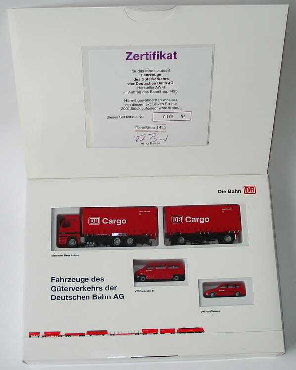 Foto 1:87 Die Bahn DB Setpackung DB Cargo - Fahrzeuge des Güterferkehrs der Deutschen Bahn AG (MB Actros HGZ + VW T4 + VW Polo Variant) AMW/AWM