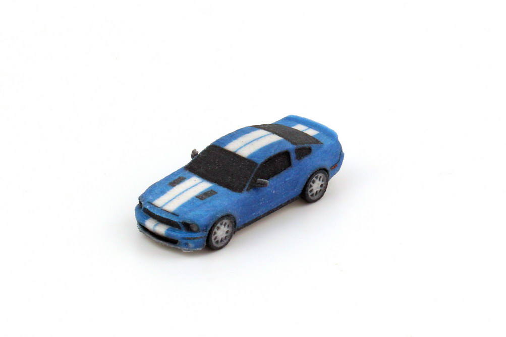 Foto 1:87 Ford Mustang GT 500 2012 blau, weiße Racing-Stripes (3D-Druck) Jahn3D