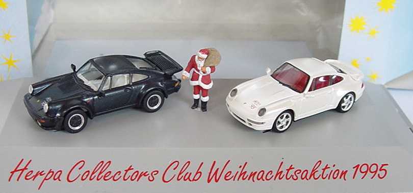 Foto 1:87 HCC Weihnachtsmodell 1995 (911 Turbo (G-Modell) dunkelblau-met. + 911 Turbo (Typ 993) weiß-met. und Weihnachtsmann) herpa 195614