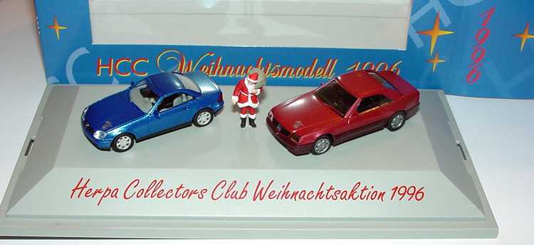 Foto 1:87 HCC Weihnachtsmodell 1996 (Mercedes SLK blau-met. + Mercedes SL rot-met. mit Weihnachtsmann) herpa