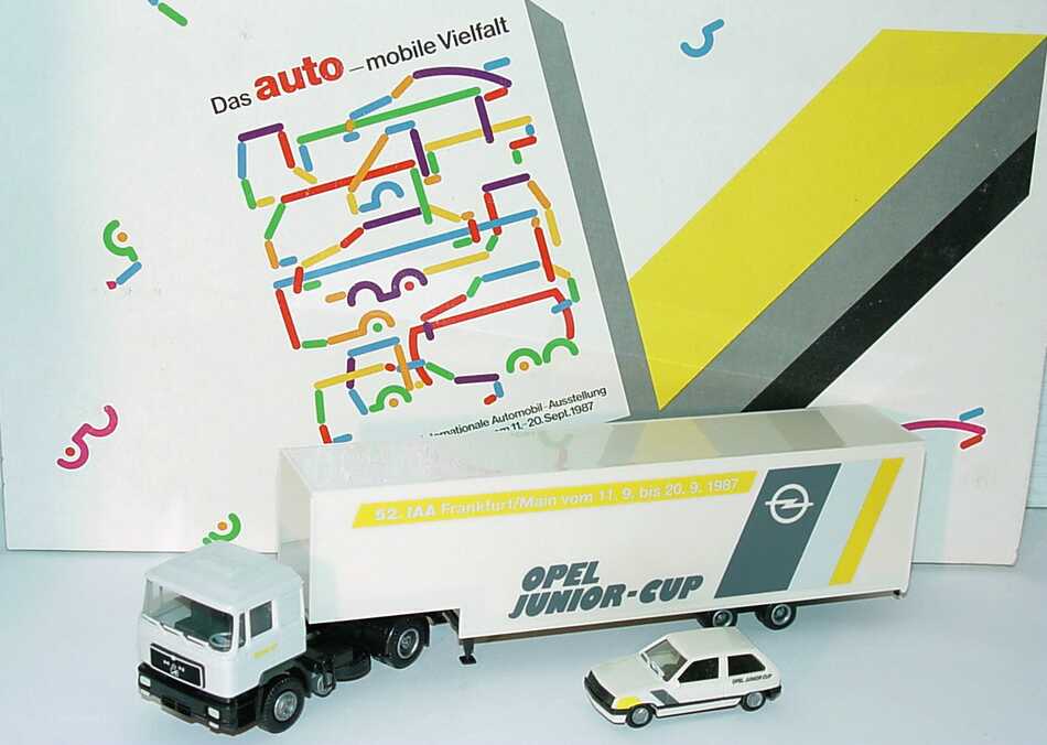 Foto 1:87 Herpa-Setpackung IAA 1987 Das Auto - mobile Vielfalt (Opel Corsa A + MAN F90 RenntransportSzg Opel Junior-Cup) herpa