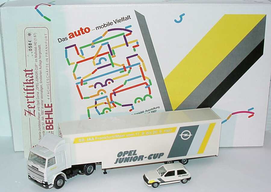 Foto 1:87 Herpa-Setpackung IAA 1997 Das Auto - mobile Vielfalt (Opel Corsa A + Scania R142 Fv RenntransportSzg Opel Junior-Cup) herpa