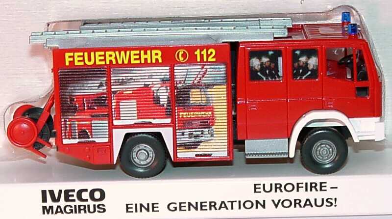 Foto 1:87 Iveco EuroFire LF 16/12 Feuerwehr, gelbe Schrift, Motiv Drehleiter Werbemodell Wiking 2653