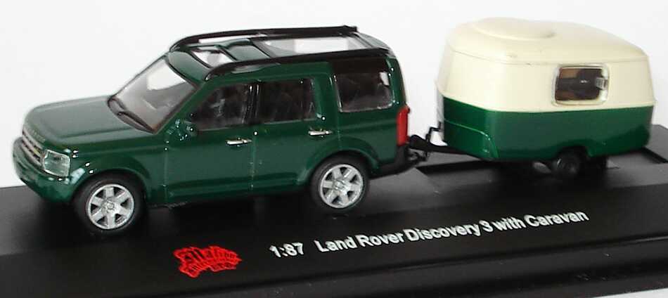 Foto 1:87 Land Rover Discovery III dunkelgrün mit Wohnwagen Malibu International 06000