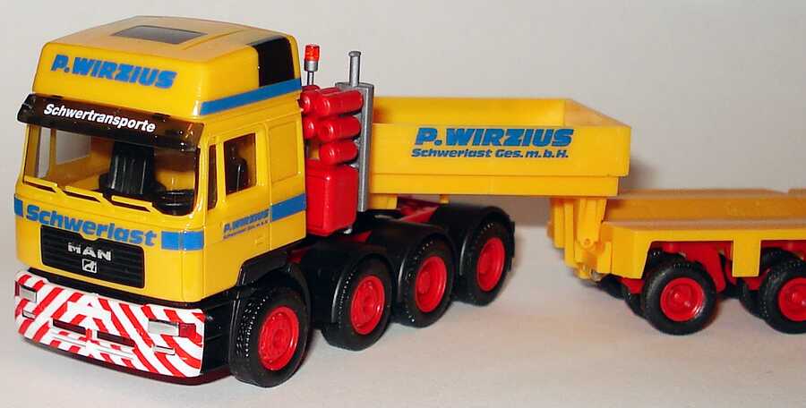Foto 1:87 MAN F2000 Evo Hochdach TiefladeSzg 4/16 P. Wirzius herpa 147286