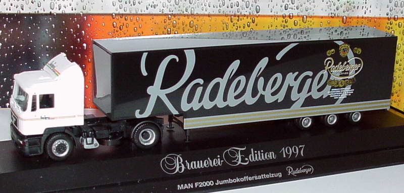 Foto 1:87 MAN F2000 Fv JuKoSzg 2/3 Radeberger, Heiloo Getränke Mühlau (Brauerei-Edition 1997) herpa 185981