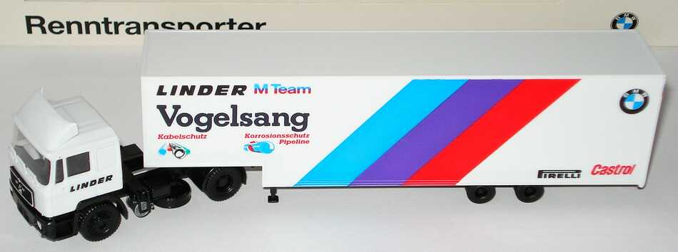 Foto 1:87 MAN F90 JuKoSzg 2/2 Renntransporter DTM 1990 Linder M-Team, Vogelsang Werbemodell herpa 82229417846