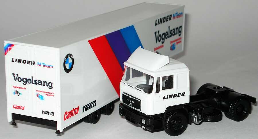 Foto 1:87 MAN F90 JuKoSzg 2/2 Renntransporter DTM 1990 Linder M-Team, Vogelsang Werbemodell herpa 82229417846