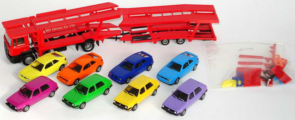 Foto 1:87 MAN F90 (K) AutotransportHgz 2/2 Wir fahren für VW. (beladen mit 4 VW Golf II Facelift und 4 VW Corrado in Sonderfarben) herpa