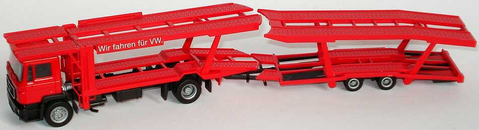 Foto 1:87 MAN F90 (K) AutotransportHgz 2/2 Wir fahren für VW. (beladen mit 4 VW Golf II Facelift und 4 VW Corrado in Sonderfarben) herpa