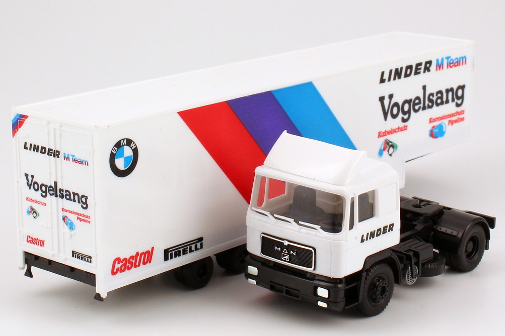 Foto 1:87 MAN F90 JuKoSzg 2/2 Renntransporter DTM 1990 Linder M-Team, Vogelsang herpa 859173