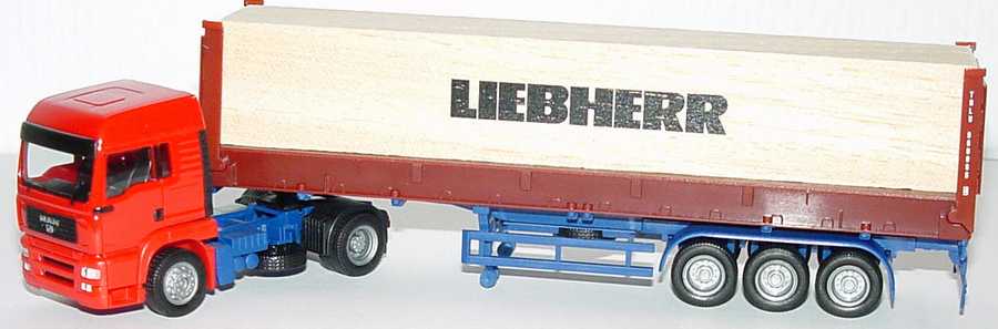 Foto 1:87 MAN TG-A LX FlatCoSzg 2/3 mit Holzkiste Transamerica Leasing, Liebherr herpa 147521