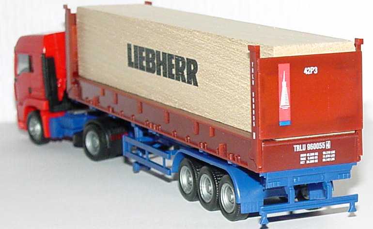 Foto 1:87 MAN TG-A LX FlatCoSzg 2/3 mit Holzkiste Transamerica Leasing, Liebherr herpa 147521