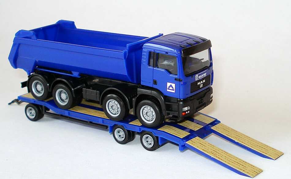 Foto 1:87 MAN TG-A M 4a Baukipper (Rundmulde) mit Goldhofer TU3 Schwerlastanhänger Hochtief herpa 152723