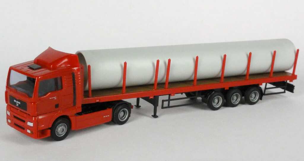 Foto 1:87 MAN TG-A XL Fv Cv Rungenpritschen-Szg 2/3 rot mit Röhre beladen AMW/AWM
