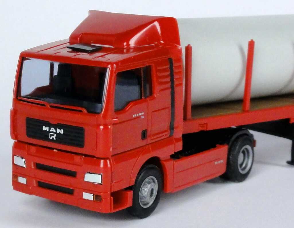 Foto 1:87 MAN TG-A XL Fv Cv Rungenpritschen-Szg 2/3 rot mit Röhre beladen AMW/AWM