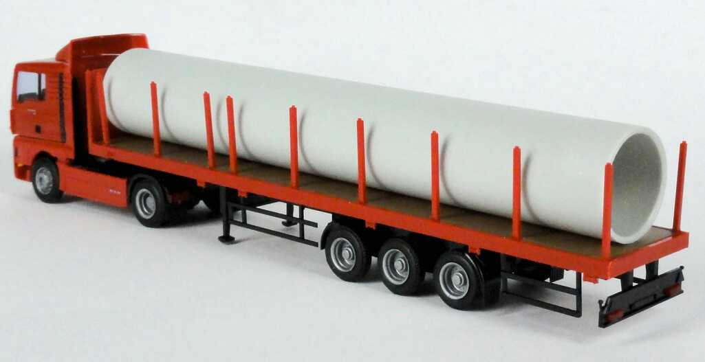 Foto 1:87 MAN TG-A XL Fv Cv Rungenpritschen-Szg 2/3 rot mit Röhre beladen AMW/AWM
