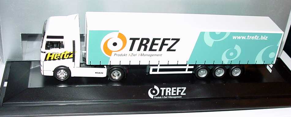 Foto 1:87 MAN TG-A XXL Fv Cv GpSzg 2/3 Hertz, Trefz - Produkt > Ziel > Management (Gönemeyer-Mensch-Tournee-Truck) herpa