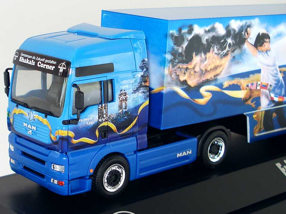 Foto 1:87 MAN TG-A XXL Fv Cv Safeliner KoSzg2/3 Friedenstruck Shakals Corner Werbemodell herpa 09.38069-0255