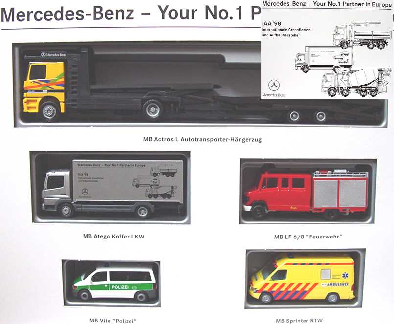 Foto 1:87 Mercedes-Benz - Your No.1 Partner in Europe, IAA ´98 (Actros AutotransportHgz, Atego Ko, LF 6/8, Vito Bus Polizei, Strinter RTW) herpa