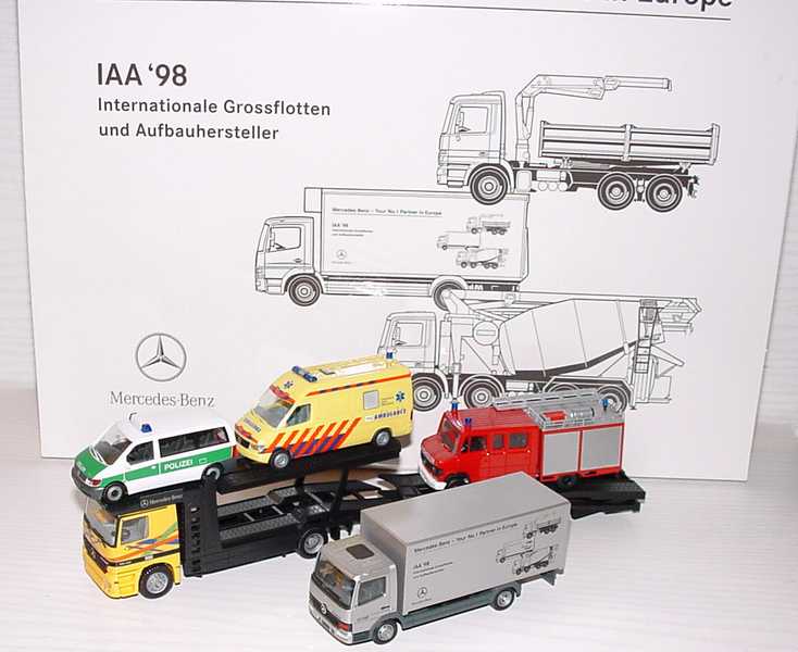 Foto 1:87 Mercedes-Benz - Your No.1 Partner in Europe, IAA ´98 (Actros AutotransportHgz, Atego Ko, LF 6/8, Vito Bus Polizei, Strinter RTW) herpa