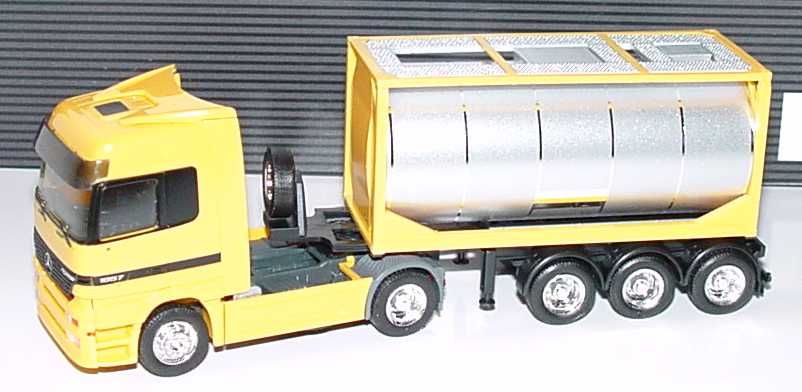 Foto 1:87 Mercedes-Benz Actros LH Fv Cv 20 TankCoSzg gelb/silber Werbemodell herpa B66000455