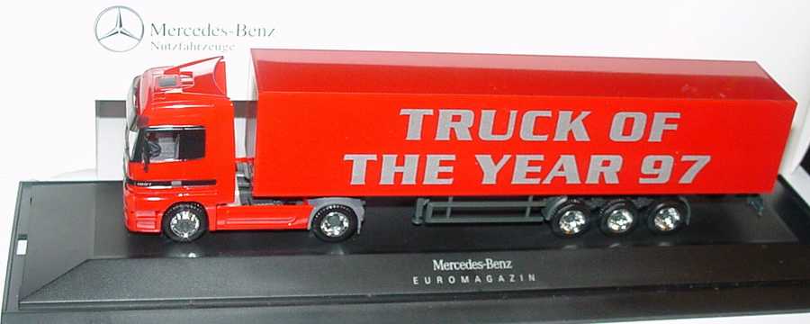 Foto 1:87 Mercedes-Benz Actros LH Fv Cv KoSzg 2/3 Truck Of The Year 97 rot, Euromagazin Werbemodell herpa